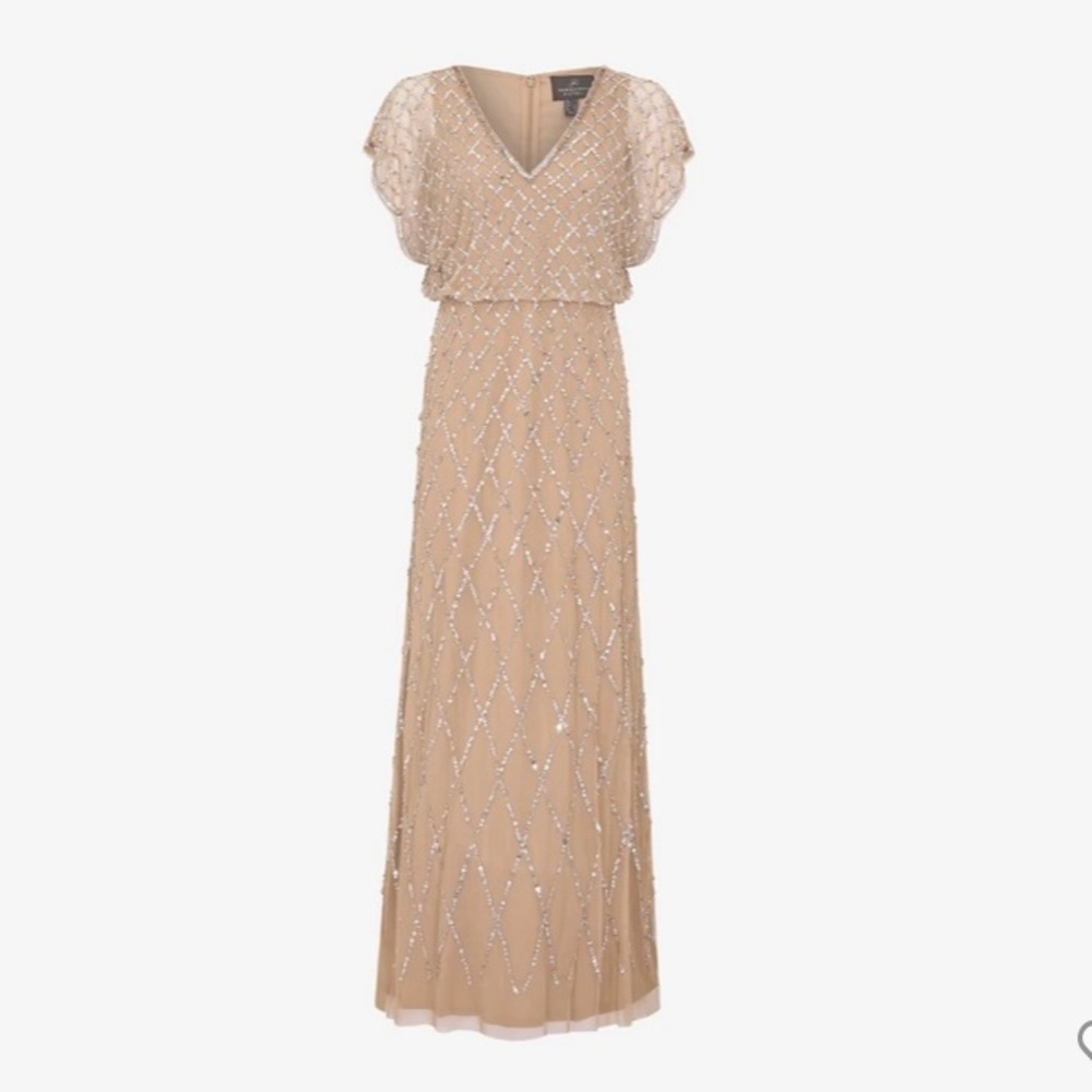 Adrianna Papell Sequin Lattice Dress With Flutter Sleeves in Champagne Silver - Picture 4 of 4